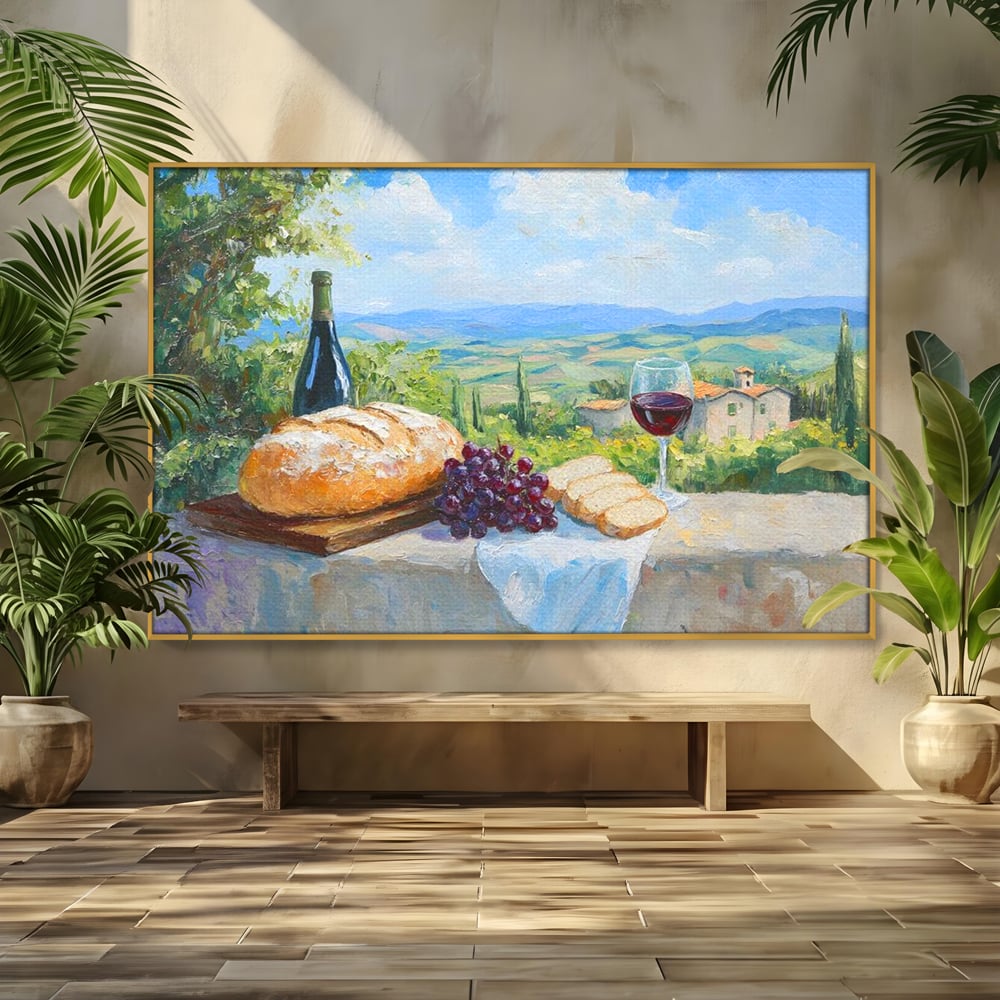Tablou canvas cu tablou canvas cu natura moarta si peisaj toscan, in rama de aluminiu auriu